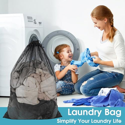 2 Pack Mesh Laundry Bags 23x34 Inch Drawstring Locking for Travel Home - color: Black