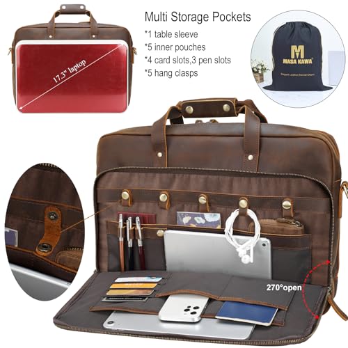 Masa Kawa Leather Briefcase for Men 15.6" 17" Laptop Business Messenger Bag - color: Brown- Fits 17.3 Inch Laptop
