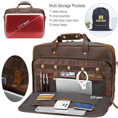 Masa Kawa Leather Briefcase for Men 15.6" 17" Laptop Business Messenger Bag - color: Brown- Fits 17.3 Inch Laptop