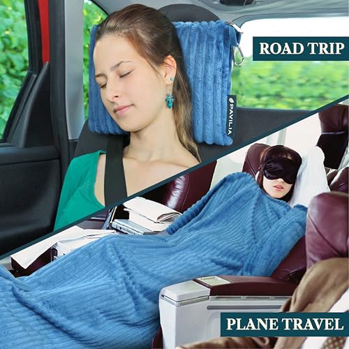PAVILIA Travel Blanket and Pillow, Soft Ribbed Fleece Airplane, Teal Blue - color: Sea Blue