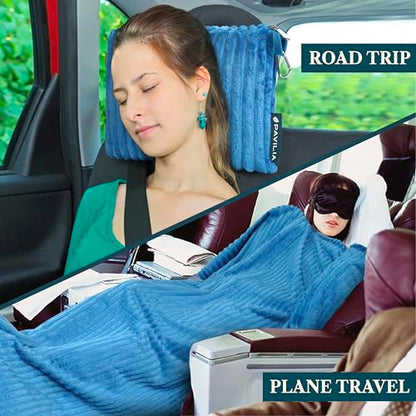 PAVILIA Travel Blanket and Pillow, Soft Ribbed Fleece Airplane, Teal Blue - color: Sea Blue