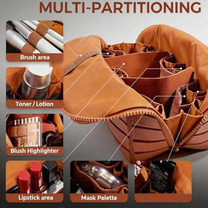 Travel Makeup Organizer Bag with Fold-Down Design, Adjustable Dividers, 27 Pockets & 3 Brush Holders, Large Capacity Cosmetic and Toiletry Organizer (Brown) - color: Brown