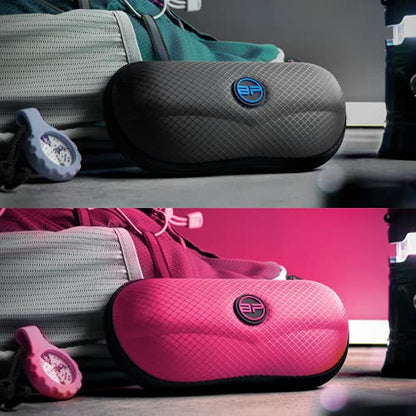 BLUPOND Sunglasses Case Semi Hard EVA Shell with Metal Hanging Hook Belt Clip Sun Glasses Storage - color: Black/Pink
