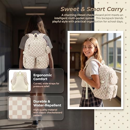 PiPiCat Backpack for Girls 4 in 1 Back to School Bookbag - color: K2 Checkered Beige