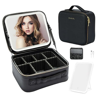 Travel Makeup Bag with LED Mirror – Waterproof Cosmetic Train Case with Adjustable Dividers, Portable Makeup Organizer and Toiletry Bag for Women, Teens & Girls Gift, Black