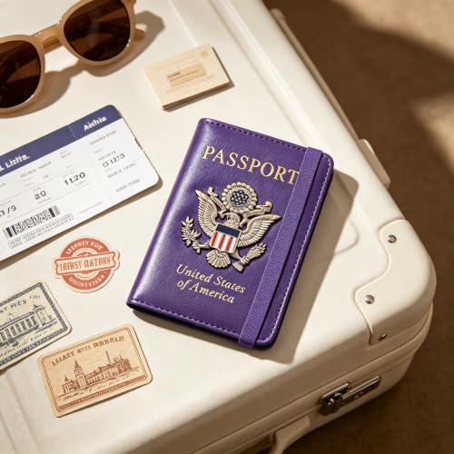 Premium Passport Holder for Travel RFID Blocking Passport Cover Slim - color: Purple