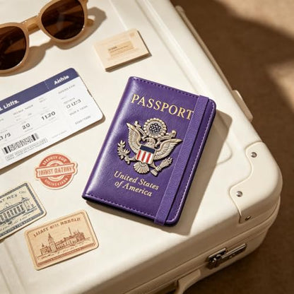 Premium Passport Holder for Travel RFID Blocking Passport Cover Slim - color: Purple