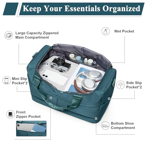 Travel Duffel Bag with Shoe Compartment,Overnight Weekender Bags for Women - color: Peacock Blue