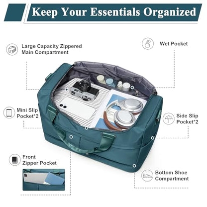 Travel Duffel Bag with Shoe Compartment,Overnight Weekender Bags for Women - color: Peacock Blue with Toiletry Bag