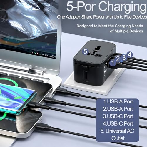 Universal Travel Adapter for 200+ Countries, International Plug Adapter with 2 USB-C & 2 USB-A, All-in-One European Power Adapter for UK US EU AUS Travel