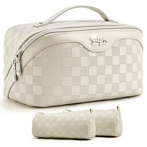 BOYATU Travel Makeup Bag Organizer: 180°Open-Flat 3 Pcs Make up Bags Set - color: 01-E-Beige