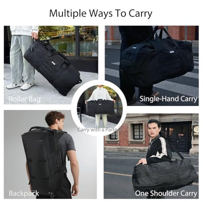 Duffle Bag Travel Luggage with Wheels: Large Rolling Backpack Foldable Carry On roller for Traveling - Weekender Overnight Personal Items Duffel Bag for Men and Women 80L (Black) - color: Black