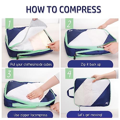 AiQInu Packing Cubes Compression, Pack of 5 Packing Bags, Compression Suitcase Organiser Set with Laundry Bag and Shoe Bag, Ultralight, Expandable, Travel Pack Organiser for Hand Luggage (Dark Blue) - color: Darkblue