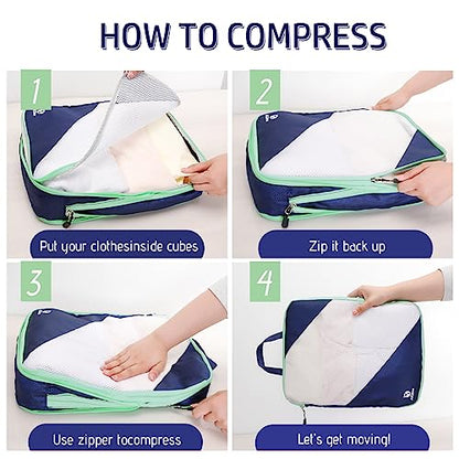 AiQInu Packing Cubes Compression, Pack of 5 Packing Bags, Compression Suitcase Organiser Set with Laundry Bag and Shoe Bag, Ultralight, Expandable, Travel Pack Organiser for Hand Luggage (Dark Blue) - color: Darkblue