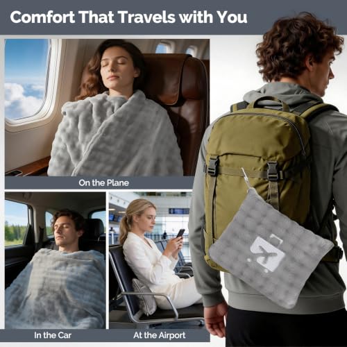 Gray Travel Blanket for Airplane, Portable Soft Flannel with Pouch & Clip - color: Gray