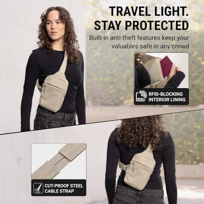 Travel Sling Bag for Men & Women, Anti-Theft RFID Blocking Crossbody Bags - color: Beige 2.0 Standard