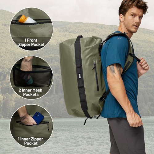 MIER Large Waterproof Duffel Bag - 60L/80L Dry Bag Backpack - color: Army Green, size: 60L