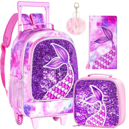 gxtvo Kids Rolling Backpack, Roller Wheels Boys Bookbag, Wheeled Suitcase Elementary School Bag-3PCS Dinosaur/Unicorn/Mermaid - color: Mermaid Pink