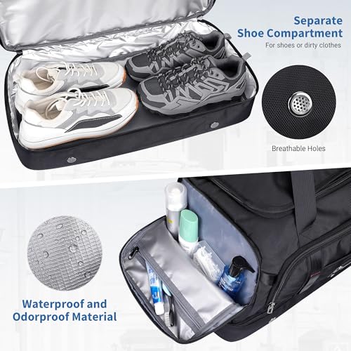 WITZMAN Travel Duffle Bag for Men 55L Nylon Weekender with Shoe Compartment - color: Black