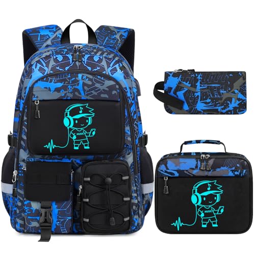 School Backpack for Boys - 3pcs Gamer Boys Backpack with Lunch Box Set for Kids Teens Elementary Middle High School,18″ Large Capacity Students Bookbag with Usb Charging Port - color: Blue-people-set