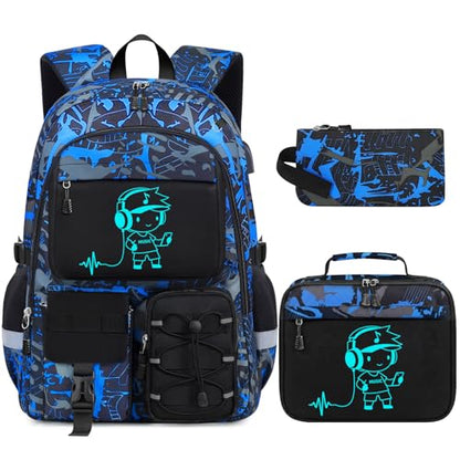 School Backpack for Boys - 3pcs Gamer Boys Backpack with Lunch Box Set for Kids Teens Elementary Middle High School,18″ Large Capacity Students Bookbag with Usb Charging Port - color: Blue-people-set