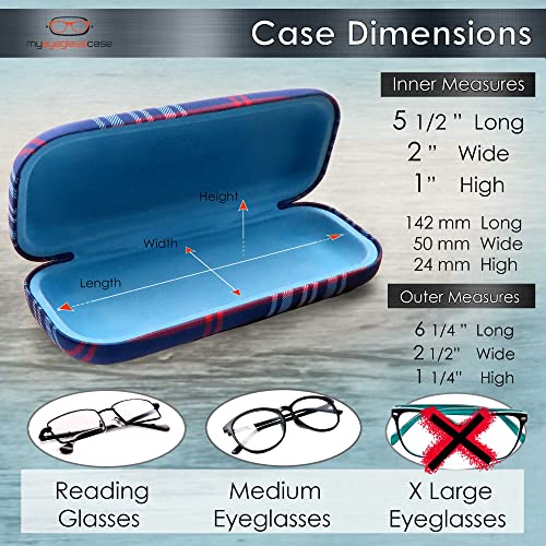 MyEyeglassCase Women's Hard Eyeglass Case | Protective Hard Shell Glasses Case with Pouch and Cloth - color: Plaid Red & Blue