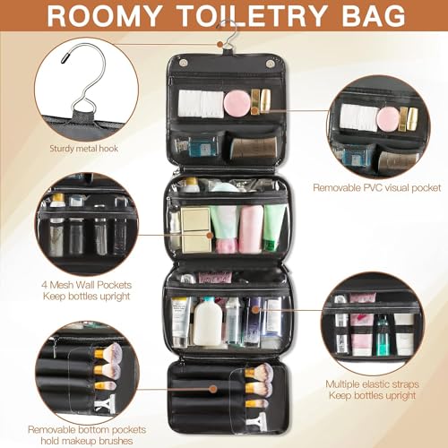 Elviros Hanging Toiletry Bag Removable Travel Bag PU leather Makeup Cosmetic Organizer Kit, Black - color: Black, size: 1 Pack