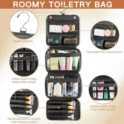 Elviros Hanging Toiletry Bag Removable Travel Bag PU leather Makeup Cosmetic Organizer Kit, Black - color: Black, size: 1 Pack