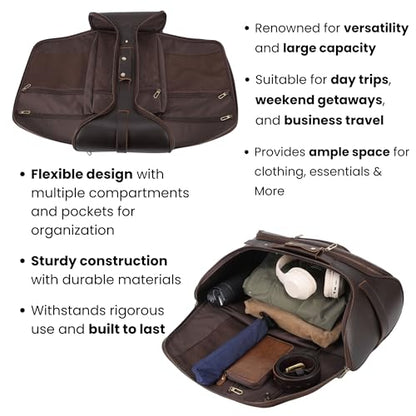 Alex Keith Full Grain Leather Weekender Bag for Men – Convertible Duffel Backpack, Carry-On Overnight Travel Bag - Vintage Dark Brown