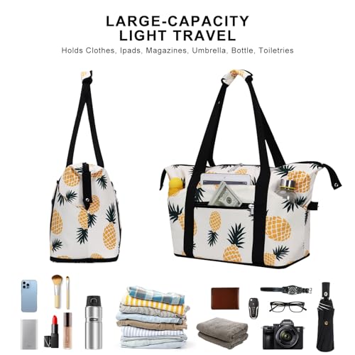 Expandable Duffel Bag for Women with Trolley Sleeve/Wet Pocket Weekender Travel Tote Large Carry On Overnight Luggage - color: Pineapple