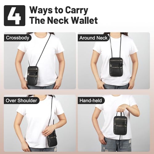 Neck Wallet for Traveling Women Men, RFID Blocking Leather Travel Pouch - color: Raven Black