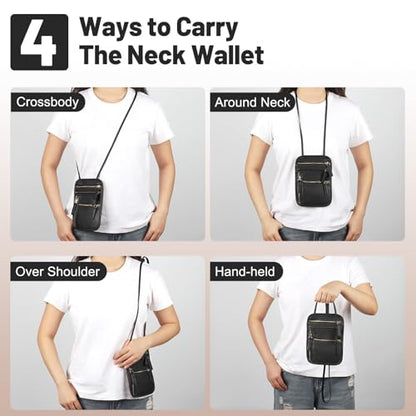 Neck Wallet for Traveling Women Men, RFID Blocking Leather Travel Pouch - color: Raven Black