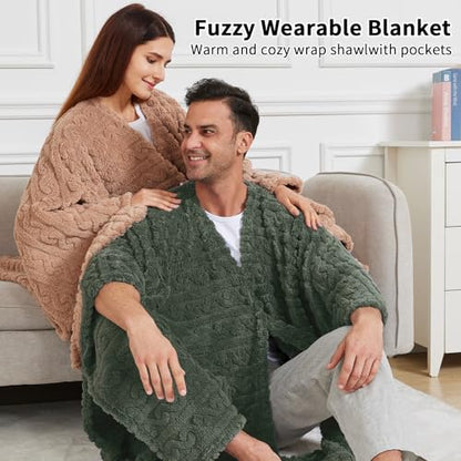 Wearable Blanket Poncho Cape Wrap for Adult, Cozy Sherpa Fleece Pocketed Shawl TV Throw Blankets for Office and Lounge,Green - color: Green