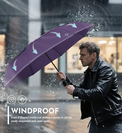 Windproof Travel Umbrella, Compact auto open/close Umbrellas for Rain - color: Purple