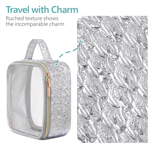 PACKISM TSA Approved Toiletry Bag - 3 Pack Ruched Textured Clear Makeup Bag - color: LA- Silver, size: Medium Set