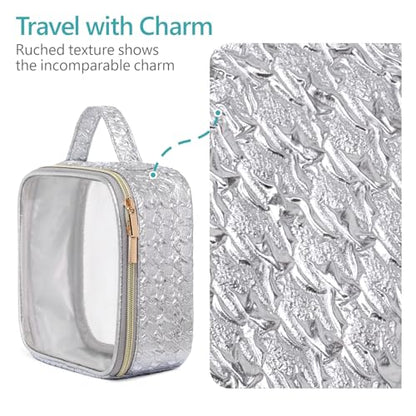 PACKISM TSA Approved Toiletry Bag - 3 Pack Ruched Textured Clear Makeup Bag - color: LA- Silver, size: Medium Set