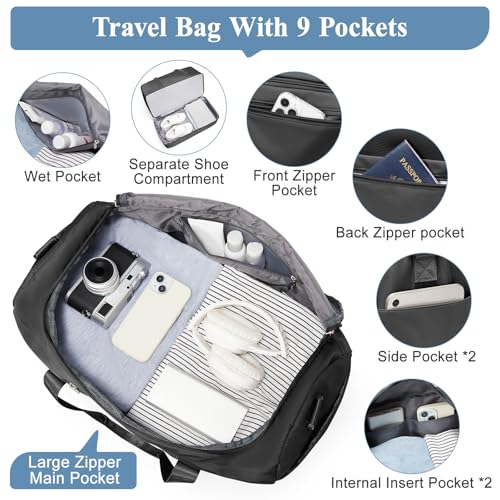 Travel Duffel Bag, Carry-On Overnight Weekender Bags with Shoes Compartment - color: Black 3Pcs Set, size: Small