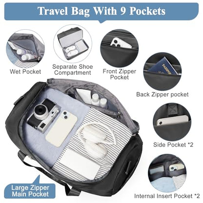 Travel Duffel Bag, Carry-On Overnight Weekender Bags with Shoes Compartment - color: Black 3Pcs Set, size: Small