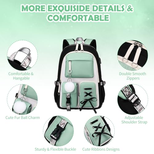 ACESAK 3PCS Teen Girls Backpack with Lunch Bag Set&USB Charging Port,Green - color: Black With Pea Green Accent
