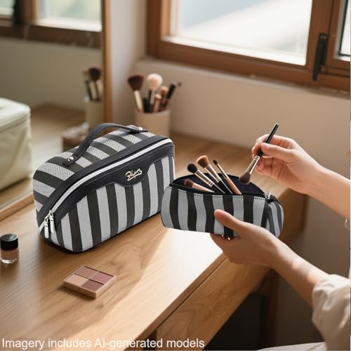 BOYATU Travel Makeup Bag for Women: 3 Pcs Set Striped Make up Bag,Black - color: A-4-Black