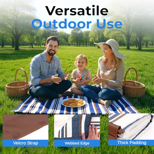 scuddles Extra Large Picnic Blanket 80 x 80 Inch, Waterproof Outdoor Mat with 3 Layer Soft Cushion, Foldable Compact Design with Carry Strap for Beach, Camping, Hiking, Parks and Travel Use - color: Navy