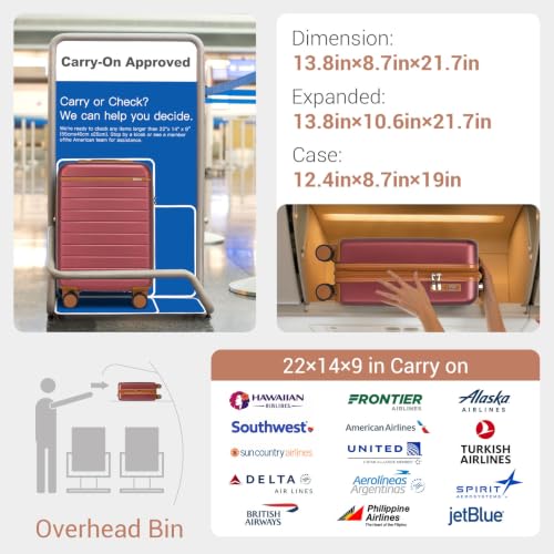 Kono Carry-On Suitcase 20in Expandable ABS+PC Airline Approved Burgundy - color: Burgundy, size: Carry-On 20-Inch