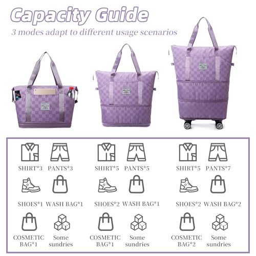 Rolling Duffle Bag with Wheels and Shoe Bag Expandable Foldable Travel Duffel Bag Carry on Luggage Bag Checkerboard Weekender Bag for Men Women - color: Purple+Shoe Bag
