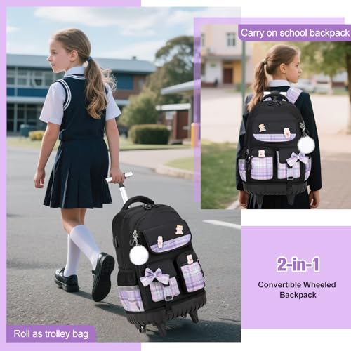 ACESAK Rolling Bow Backpack for Girls with Lunch Bag & Pencil Pouch - color: Black
