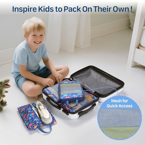 Kids Compression Packing Cubes - 4 PCS Sets, Blue Dinosaur | Water Resistant 4 Piece Set with Shoe Bag, Toddler Suitcase Organizer Set, Expandable Storage for Luggage - color: Blue Dinosaur