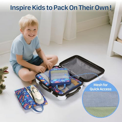 Kids Compression Packing Cubes - 4 PCS Sets, Blue Dinosaur | Water Resistant 4 Piece Set with Shoe Bag, Toddler Suitcase Organizer Set, Expandable Storage for Luggage - color: Blue Dinosaur