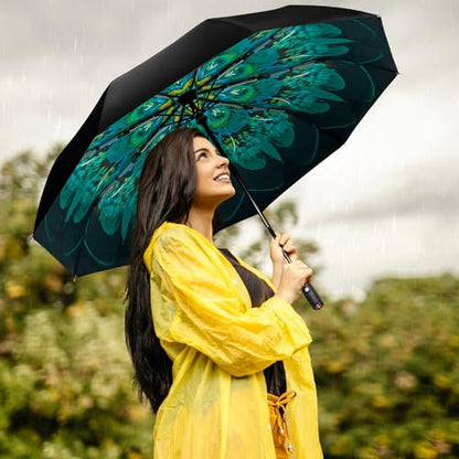 Strongest Windproof Travel Umbrella - Pro-Series, Heavy Duty Durable, Automatic Folding, Compact Lightweight Portable, Premium Grip, Fits Car & Backpack - color: Peacock