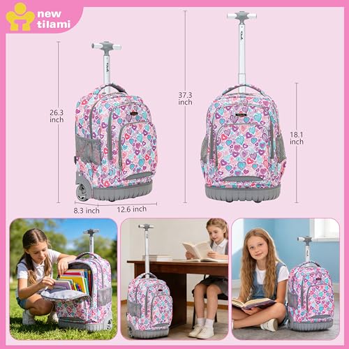 NEW TILAMI 18 Inch Rolling Backpack with Lunch Bag for Girls Boys School - color: Pink Love