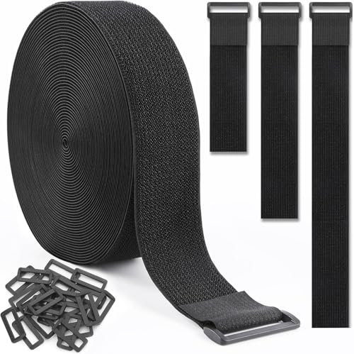 2In x 20Ft Cinch Straps Nylon Heavy Duty with 25 Buckles, Cut to Length, Black Hook and Loop Straps, Reusable Long Cable Ties for Storage and Cord Organizer - size: 2In x 20Ft Black