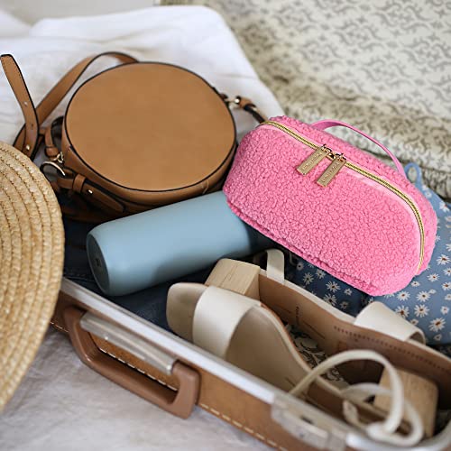BYOOTIQUE Plush Makeup Bag Open Flat Travel Toiletry Accessories w/Handle - color: Pink, size: S
